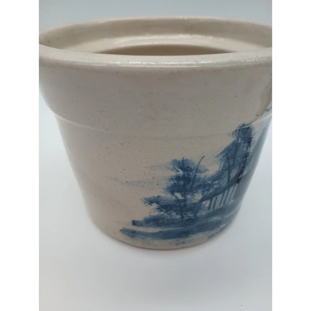 Vtg Paul Storie Pottery Painted Crock Barn Trees Birds